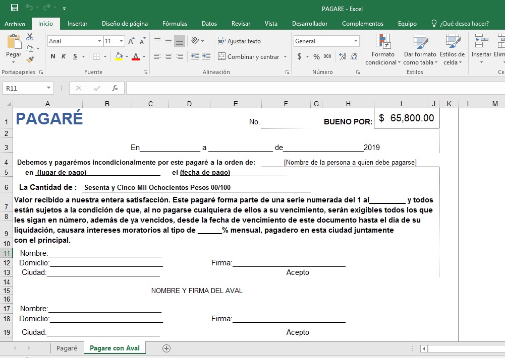 Pagaré - Plantilla Excel Descargable PARA ABOGADOS